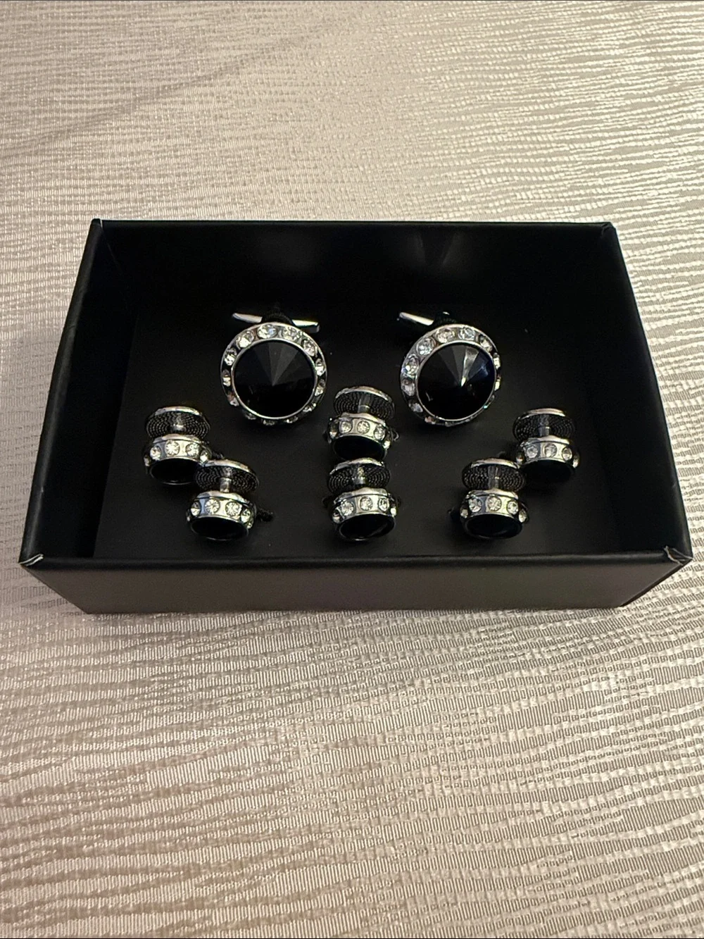 Men's Black Crystal Cufflink and Stud Set